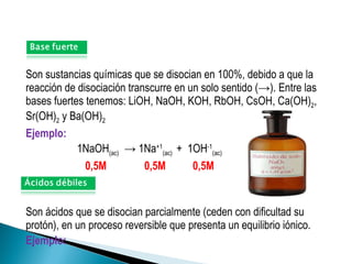 Son sustancias químicas que se disocian en 100%, debido a que la reacción de disociación transcurre en un solo sentido (->). Entre las bases fuertes tenemos: LiOH, NaOH, KOH, RbOH, CsOH, Ca(OH) 2 , Sr(OH) 2  y Ba(OH) 2 Ejemplo: 1NaOH (ac)   -> 1Na +1 (ac)   +  1OH -1 (ac)   0,5M  0,5M  0,5M Son ácidos que se disocian parcialmente (ceden con dificultad su protón), en un proceso reversible que presenta un equilibrio iónico. Ejemplo:  