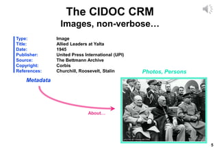 5
The CIDOC CRM
Images, non-verbose…
Type: Image
Title: Allied Leaders at Yalta
Date: 1945
Publisher: United Press International (UPI)
Source: The Bettmann Archive
Copyright: Corbis
References: Churchill, Roosevelt, Stalin Photos, Persons
Metadata
About…
 
