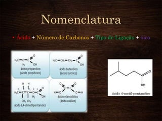• Ácido + Número de Carbonos + Tipo de Ligação + óico

 