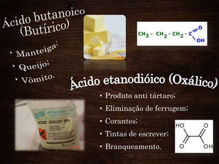• Produto anti tártaro;
• Eliminação de ferrugem;
• Corantes;
• Tintas de escrever;
• Branqueamento.

 