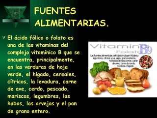 FUENTES ALIMENTARIAS. El ácido fólico o folato es una de las vitaminas del complejo vitamínico B que se encuentra, principalmente, en las verduras de hoja verde, el hígado, cereales, cítricos, la levadura, carne de ave, cerdo, pescado, mariscos, legumbres, las habas, las arvejas y el pan de grano entero.   
