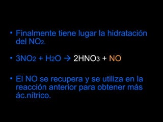Finalmente tiene lugar la hidratación del   NO 2. 3NO 2  + H 2 O    2HNO 3  +  NO El NO se recupera y se utiliza en la reacción anterior para obtener más ác.nítrico. 