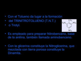 Con el Tolueno da lugar a la formación del TRINITROTOLUENO (T.N.T.)‏ o Trotyl. Es empleado para preparar Nitrobenceno, base de la anilina, también llamada aminobenceno. Con la glicerina constituye la Nitroglicerina, que mezclada con tierra porosa constituye la Dinamita. 
