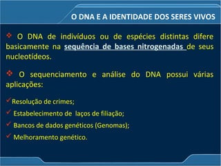 O DNA E A IDENTIDADE DOS SERES VIVOS
 O DNA de indivíduos ou de espécies distintas difere
basicamente na sequência de bases nitrogenadas de seus
nucleotídeos.
 O sequenciamento e análise do DNA possui várias
aplicações:
Resolução de crimes;
 Estabelecimento de laços de filiação;
 Bancos de dados genéticos (Genomas);
 Melhoramento genético.
 