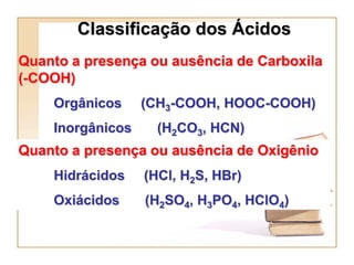 Classificação dos Ácidos
Quanto a presença ou ausência de Carboxila
(-COOH)
    Orgânicos     (CH3-COOH, HOOC-COOH)
    Inorgânicos     (H2CO3, HCN)
Quanto a presença ou ausência de Oxigênio
    Hidrácidos    (HCl, H2S, HBr)
    Oxiácidos     (H2SO4, H3PO4, HClO4)
 