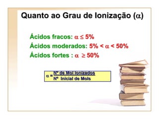 Quanto ao Grau de Ionização (a)

  Ácidos fracos: a  5%
  Ácidos moderados: 5% < a < 50%
  Ácidos fortes : a  50%

            Nº de Mol Ionizados
       a=
            Nº Inicial de Mols
 