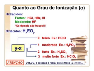 Quanto ao Grau de Ionização (a)
Hidrácidos:
      Fortes: HCl, HBr, HI
      Moderado: HF
      *Os demais são fracos!!!

Oxiácidos: HxEOy

                        0 fraco Ex.: HClO

                        1 moderado Ex.: H3PO4
     y-x
                        2 forte Ex.: H2SO4
                         3 muito forte Ex.: HClO4
 ATENÇÃO      O H2CO3 é exceção à regra, pois é fraco (a = 0,18%).
 