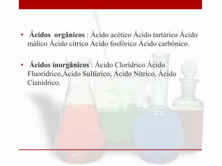• Ácidos orgânicos : Ácido acético Ácido tartárico Ácido
málico Ácido cítrico Ácido fosfórico Ácido carbônico.
• Ácidos inorgânicos : Ácido Clorídrico Ácido
Fluorídrico,Ácido Sulfúrico, Ácido Nítrico, Ácido
Cianídrico.
 