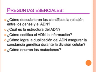 PREGUNTAS ESENCIALES:
 ¿Cómo descubrieron los científicos la relación
entre los genes y el ADN?
 ¿Cuál es la estructura del ADN?
 ¿Cómo codifica el ADN la información?
 ¿Cómo logra la duplicación del ADN asegurar la
constancia genética durante la división celular?
 ¿Cómo ocurren las mutaciones?
 