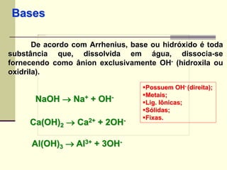 Bases 
De acordo com Arrhenius, base ou hidróxido é toda 
substância que, dissolvida em água, dissocia-se 
fornecendo como ânion exclusivamente OH- (hidroxila ou 
oxidrila). 
NaOH  Na+ + OH-Ca( 
OH)2  Ca2+ + 2OH-Al( 
OH)3  Al3+ + 3OH- 
Possuem OH- (direita); 
Metais; 
Lig. Iônicas; 
Sólidas; 
Fixas. 
 