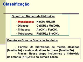 Classificação 
Quanto ao Número de Hidroxilas 
- Monobases: NaOH; NH4OH 
- Dibases: Ca(OH)2; Mg(OH)2 
- Tribases: Al(OH)3; Fe(OH)3 
- Tetrabases: Pb(OH)4; Sn(OH)4 
Quanto ao Grau de Dissociação Iônica 
- Fortes: Os hidróxidos de metais alcalinos 
(família 1A) e metais alcalinos terrosos (família 2A). 
- Fracas: Nesse grupo incluem-se o hidróxido 
de amônio (NH4OH) e as demais bases. 
 