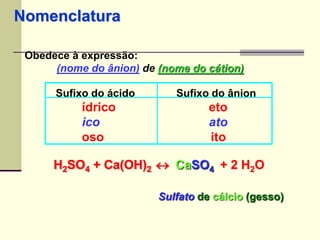 Nomenclatura 
Obedece à expressão: 
(nome do ânion) de (nome do cátion) 
Sufixo do ácido Sufixo do ânion 
ídrico eto 
ico ato 
oso ito 
H2SO4 + Ca(OH)2  + 2 H2O CaSO4 
Sulfato de cálcio (gesso) 
 