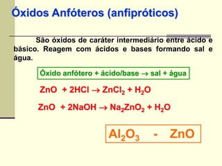 Óxidos Anfóteros (anfipróticos) 
São óxidos de caráter intermediário entre ácido e 
básico. Reagem com ácidos e bases formando sal e 
água. 
Óxido anfótero + ácido/base  sal + água 
ZnO + 2HCl  ZnCl2 + H2O 
ZnO + 2NaOH  Na2ZnO2 + H2O 
Al2O3 - ZnO 
 