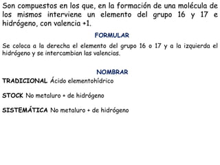 Son compuestos en los que, en la formación de una molécula de
los mismos interviene un elemento del grupo 16 y 17 e
hidrógeno, con valencia +1.
FORMULAR
Se coloca a la derecha el elemento del grupo 16 o 17 y a la izquierda el
hidrógeno y se intercambian las valencias.
NOMBRAR
TRADICIONAL Ácido elementohídrico
STOCK No metaluro + de hidrógeno
SISTEMÁTICA No metaluro + de hidrógeno
 