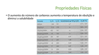 Propriedades Físicas
• O aumento do número de carbonos aumenta a temperatura de ebulição e
diminui a solubilidade
 