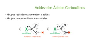Acidez dos Ácidos Carboxílicos
• Grupos retiradores aumentam a acidez
• Grupos doadores diminuem a acidez
 