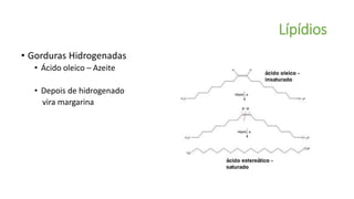 Lípídios
• Gorduras Hidrogenadas
• Ácido oleico – Azeite
• Depois de hidrogenado
vira margarina
 