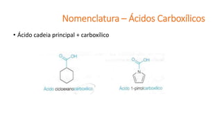 • Ácido cadeia principal + carboxílico
Nomenclatura – Ácidos Carboxílicos
 