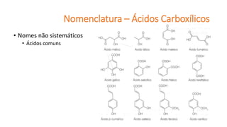 • Nomes não sistemáticos
• Ácidos comuns
Nomenclatura – Ácidos Carboxílicos
 