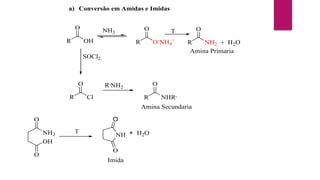 a) Conversão em Amidas e Imidas
R
O
OH R
O
O-
NH4
+
SOCl2
R
O
Cl
NH3 T
R
O
NH2 + H2O
R,
NH2
Amina Primaria
R
O
NHR,
Amina Secundaria
NH2
O
OH
O
NH
O
O
+ H2O
Imida
T
 