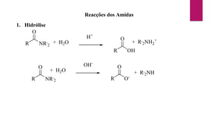 Reacções dos Amidas
1. Hidrólise
OH-
R
O
NR,
2
+ H2O
R
O
O-
+ R,
2NH
H+
+ H2O
R
O
OH
+ R,
2NH2
+
R
O
NR,
2
 