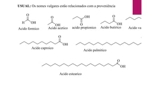 USUAL: Os nomes vulgares estão relacionados com a proveniência
H OH
O
Acido formico
OH
O
Acido acetico
OH
O
acido propionico
OH
O
Acido butirico
OH
O
Acido valerico
OH
O
Acido caproico
OH
O
OH
O
Acido palmitico
Acido estearico
 