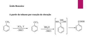 Ácido Benzoico
A partir do tolueno por reacção de cloração
CH3
3Cl2, T
-3HCl
CCl3
3H2O
-3HCl
C
OH
HO
OH
COOH
 