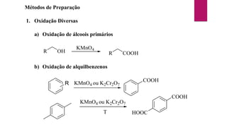 Métodos de Preparação
1. Oxidação Diversas
a) Oxidação de álcoois primários
R OH
KMnO4
R COOH
b) Oxidação de alquilbenzenos
R KMnO4 ou K2Cr2O7
COOH
KMnO4 ou K2Cr2O7
T
COOH
HOOC
 