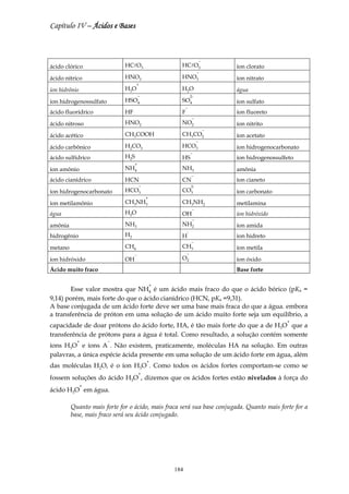 Capítulo IV – Ácidos e Bases



                                                                      −
ácido clórico                HClO3                   HClO3                    íon clorato
                                                                  −
ácido nítrico                HNO3                    HNO3                     íon nitrato
                                   +
íon hidrônio                 H3O                     H2O                      água
                                      −                      2-
íon hidrogenossulfato        HSO4                    SO4                      íon sulfato
                                                         −
ácido fluorídrico            HF                      F                        íon fluoreto
                                                              −
ácido nitroso                HNO2                    NO2                      íon nitrito
                                                                          −
ácido acético                CH3COOH                 CH3CO2                   íon acetato
                                                                  −
ácido carbônico              H2CO3                   HCO3                     íon hidrogenocarbonato
                                                             −
ácido sulfídrico             H2S                     HS                       íon hidrogenossulfeto
                                  +
íon amônio                   NH4                     NH3                      amônia
                                                             −
ácido cianídrico             HCN                     CN                       íon cianeto
                                       −                     2-
íon hidrogenocarbonato       HCO3                    CO3                      íon carbonato
                                           +
íon metilamônio              CH3NH3                  CH3NH2                   metilamina
                                                              −
água                         H2O                     OH                       íon hidróxido
                                                              −
amônia                       NH3                     NH2                      íon amida
                                                         -
hidrogênio                   H2                      H                        íon hidreto
                                                             −
metano                       CH4                     CH3                      íon metila
                                  −                      −
íon hidróxido                OH                      O2                       íon óxido
Ácido muito fraco                                                             Base forte

                                               +
       Esse valor mostra que NH4 é um ácido mais fraco do que o ácido bórico (pKa =
9,14) porém, mais forte do que o ácido cianídrico (HCN, pKa =9,31).
A base conjugada de um ácido forte deve ser uma base mais fraca do que a água. embora
a transferência de próton em uma solução de um ácido muito forte seja um equilíbrio, a
                                                                                                +
capacidade de doar prótons do ácido forte, HA, é tão mais forte do que a de H3O que a
transferência de prótons para a água é total. Como resultado, a solução contém somente
           +            −
íons H3O e íons A . Não existem, praticamente, moléculas HA na solução. Em outras
palavras, a única espécie ácida presente em uma solução de um ácido forte em água, além
                                           +
das moléculas H2O, é o íon H3O . Como todos os ácidos fortes comportam-se como se
                                      +
fossem soluções do ácido H3O , dizemos que os ácidos fortes estão nivelados à força do
               +
ácido H3O em água.

         Quanto mais forte for o ácido, mais fraca será sua base conjugada. Quanto mais forte for a
         base, mais fraco será seu ácido conjugado.




                                                   184
 