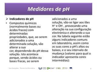 Medidores de pH
 Indicadores de pH                         adicionados a uma
• Compostos químicos                        solução, vão-se ligar aos iões
  (normalmente bases ou                     H+ e OH- , provocando uma
  ácidos fracos) com                        alteração na sua configuração
  determinadas                              electrónica e alterando a sua
  propriedades, que, ao serem               cor. Na tabela seguinte estão
  adicionados a uma                         alguns indicadores comuns
  determinada solução, vão                  em laboratório, assim como
  alterar a sua                             as suas cores a pH’s altos ou
  cor, dependendo do pH dessa               baixos, e o seu intervalo de
  solução. Isto acontece                    mudança (valores para qual o
  porque, sendo ácidos ou                   indicador apresenta cores
  bases fracas, ao serem                    intermédias):

  Sara Gonçalves - Técnico de Informática                                8
 