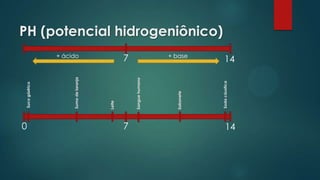 PH (potencial hidrogeniônico)
0
147+ ácido + base
7 14
Sucogástrico
Sodacáustica
Sanguehumano
Leite
Sumodelaranja
Sabonete
 