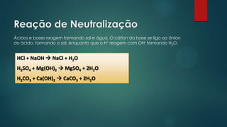 Reação de Neutralização
HCl + NaOH  NaCl + H2O
H2SO4 + Mg(OH)2  MgSO4 + 2H2O
H2CO3 + Ca(OH)2  CaCO3 + 2H2O
Ácidos e bases reagem formando sal e água. O cátion da base se liga ao ânion
do ácido, formando o sal, enquanto que o H+ reagem com OH- formando H2O.
 