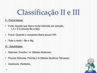 Classificação II e III 
II - Forca básica: 
• Forte: Aquela que libera muita hidroxila em solução. 
1 A < 2 A (exceto Be e Mg) 
• Fraca: Quando o composto libera pouco OH- 
• Todo o resto – Be e Mg. 
III - Solubilidade 
• Solúveis: Família 1 A (Metais Alcalinos). 
• Poucos Solúveis: Família 2 A (Metais Alcalinos Terrosos). 
• Insolúveis: Restante. 
 