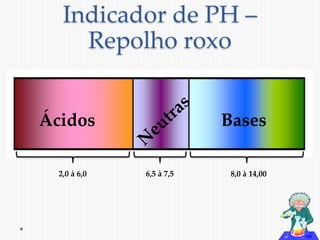 Indicador de PH – 
Repolho roxo 
Ácidos Bases 
2,0 à 6,0 6,5 à 7,5 8,0 à 14,00 
 