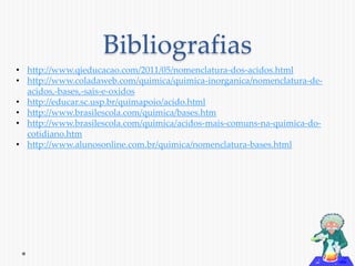 Bibliografias 
• http://www.qieducacao.com/2011/05/nomenclatura-dos-acidos.html 
• http://www.coladaweb.com/quimica/quimica-inorganica/nomenclatura-de-acidos,- 
bases,-sais-e-oxidos 
• http://educar.sc.usp.br/quimapoio/acido.html 
• http://www.brasilescola.com/quimica/bases.htm 
• http://www.brasilescola.com/quimica/acidos-mais-comuns-na-quimica-do-cotidiano. 
htm 
• http://www.alunosonline.com.br/quimica/nomenclatura-bases.html 
