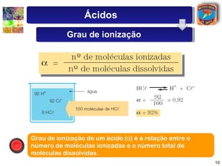 Grau de ionização de um ácido (α) é a relação entre o número de moléculas ionizadas e o número total de moléculas dissolvidas. Ácidos Grau de ionização 
