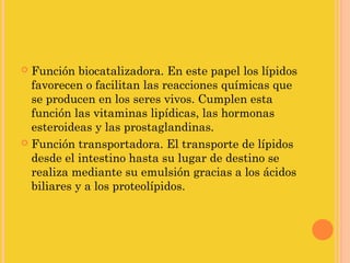  Función biocatalizadora. En este papel los lípidos
  favorecen o facilitan las reacciones químicas que
  se producen en los seres vivos. Cumplen esta
  función las vitaminas lipídicas, las hormonas
  esteroideas y las prostaglandinas.
 Función transportadora. El transporte de lípidos
  desde el intestino hasta su lugar de destino se
  realiza mediante su emulsión gracias a los ácidos
  biliares y a los proteolípidos.
 