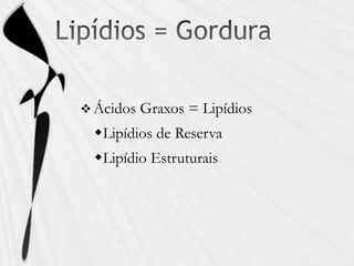  Ácidos Graxos = Lipídios
Lipídios de Reserva
Lipídio Estruturais
 