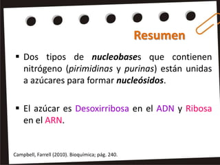 Resumen
 Dos tipos de nucleobases que contienen
  nitrógeno (pirimidinas y purinas) están unidas
  a azúcares para formar nucleósidos.

 El azúcar es Desoxirribosa en el ADN y Ribosa
  en el ARN.


Campbell, Farrell (2010). Bioquímica; pág. 240.
 