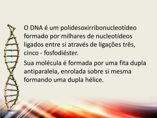 O DNA é um polidesoxirribonucleotídeo
formado por milhares de nucleotídeos
ligados entre si através de ligações três,
cinco - fosfodiéster.
Sua molécula é formada por uma fita dupla
antiparalela, enrolada sobre si mesma
formando uma dupla hélice.
 