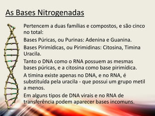 As Bases Nitrogenadas
Pertencem a duas famílias e compostos, e são cinco
no total:
Bases Púricas, ou Purinas: Adenina e Guanina.
Bases Pirimídicas, ou Pirimidinas: Citosina, Timina
Uracila.
Tanto o DNA como o RNA possuem as mesmas
bases púricas, e a citosina como base pirimídica.
A timina existe apenas no DNA, e no RNA, é
substituída pela uracila - que possui um grupo metil
a menos.
Em alguns tipos de DNA virais e no RNA de
transferência podem aparecer bases incomuns.
 
