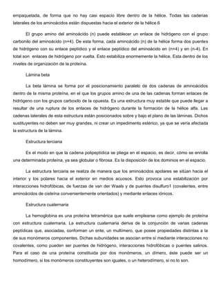 empaquetada, de forma que no hay casi espacio libre dentro de la hélice. Todas las cadenas
laterales de los aminoácidos están dispuestas hacia el exterior de la hélice.6
El grupo amino del aminoácido (n) puede establecer un enlace de hidrógeno con el grupo
carbonilo del aminoácido (n+4). De esta forma, cada aminoácido (n) de la hélice forma dos puentes
de hidrógeno con su enlace peptídico y el enlace peptídico del aminoácido en (n+4) y en (n-4). En
total son enlaces de hidrógeno por vuelta. Esto estabiliza enormemente la hélice. Esta dentro de los
niveles de organización de la proteína.
Lámina beta
La beta lámina se forma por el posicionamiento paralelo de dos cadenas de aminoácidos
dentro de la misma proteína, en el que los grupos amino de una de las cadenas forman enlaces de
hidrógeno con los grupos carboxilo de la opuesta. Es una estructura muy estable que puede llegar a
resultar de una ruptura de los enlaces de hidrógeno durante la formación de la hélice alfa. Las
cadenas laterales de esta estructura están posicionados sobre y bajo el plano de las láminas. Dichos
sustituyentes no deben ser muy grandes, ni crear un impedimento estérico, ya que se vería afectada
la estructura de la lámina.
Estructura terciaria
Es el modo en que la cadena polipeptídica se pliega en el espacio, es decir, cómo se enrolla
una determinada proteína, ya sea globular o fibrosa. Es la disposición de los dominios en el espacio.
La estructura terciaria se realiza de manera que los aminoácidos apolares se sitúan hacia el
interior y los polares hacia el exterior en medios acuosos. Esto provoca una estabilización por
interacciones hidrofóbicas, de fuerzas de van der Waals y de puentes disulfuro1 (covalentes, entre
aminoácidos de cisteína convenientemente orientados) y mediante enlaces iónicos.
Estructura cuaternaria
La hemoglobina es una proteína tetramérica que suele emplearse como ejemplo de proteína
con estructura cuaternaria. La estructura cuaternaria deriva de la conjunción de varias cadenas
peptídicas que, asociadas, conforman un ente, un multímero, que posee propiedades distintas a la
de sus monómeros componentes. Dichas subunidades se asocian entre sí mediante interacciones no
covalentes, como pueden ser puentes de hidrógeno, interacciones hidrofóbicas o puentes salinos.
Para el caso de una proteína constituida por dos monómeros, un dímero, éste puede ser un
homodímero, si los monómeros constituyentes son iguales, o un heterodímero, si no lo son.

 