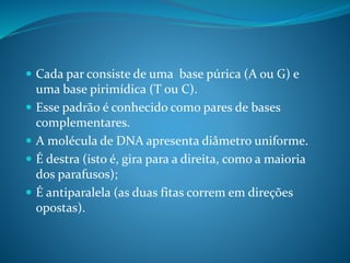  Cada par consiste de uma base púrica (A ou G) e
uma base pirimídica (T ou C).
 Esse padrão é conhecido como pares de bases
complementares.
 A molécula de DNA apresenta diâmetro uniforme.
 É destra (isto é, gira para a direita, como a maioria
dos parafusos);
 É antiparalela (as duas fitas correm em direções
opostas).
 
