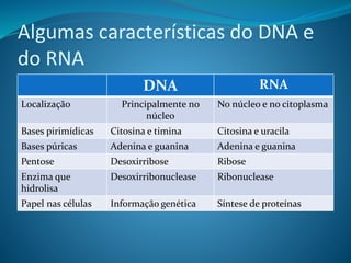 Algumas características do DNA e
do RNA
DNA RNA
Localização Principalmente no
núcleo
No núcleo e no citoplasma
Bases pirimídicas Citosina e timina Citosina e uracila
Bases púricas Adenina e guanina Adenina e guanina
Pentose Desoxirribose Ribose
Enzima que
hidrolisa
Desoxirribonuclease Ribonuclease
Papel nas células Informação genética Síntese de proteínas
 
