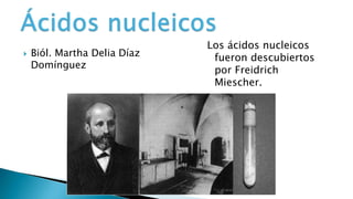 Los ácidos nucleicos
fueron descubiertos
por Freidrich
Miescher.
 Biól. Martha Delia Díaz
Domínguez
 