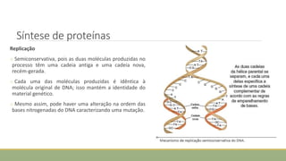 Síntese de proteínas
Replicação
o Semiconservativa, pois as duas moléculas produzidas no
processo têm uma cadeia antiga e uma cadeia nova,
recém-gerada.
o Cada uma das moléculas produzidas é idêntica à
molécula original de DNA; isso mantém a identidade do
material genético.
o Mesmo assim, pode haver uma alteração na ordem das
bases nitrogenadas do DNA caracterizando uma mutação.
CIÊNCIAS, 8º Ano do Ensino Fundamental
Identificação das organelas e suas funções
 