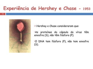 Experiência de Hershey e Chase  -  1953 Hershey  e Chase consideraram que: As proteínas da cápsula do vírus têm enxofre (S), não têm fósforo (P).  O DNA tem fósforo (P), não tem enxofre (S). 