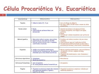 Célula Procariótica Vs. Eucariótica Características Célula procariótica Célula eucariótica Tamanho Diâmetro médio 0,5 – 5   m Cerca de 40   m de diâmetro.  Em regra, 1000 a 10 000 vezes o volume da célula procariótica. Parede celular Rígida. Constituída por polissacarídeos com aminoácidos. Ausente nos animais e em alguns protistas. Presente nas plantas, nos fungos e em alguns protistas. Rígida. Formada por celulose nas plantas e por quitina nos fungos. Material genético Não existe invólucro nuclear, nem nucléolo. Constituído por uma molécula de DNA. Está em contacto direto com o citoplasma, constituindo o nucleoide. Existência de invólucro nuclear e de um ou mais nucléolos. Constituído por mais de 2 moléculas de DNA. As moléculas de DNA encontram-se associadas a proteínas (as histonas), constituindo cromossomas. Organelos Ausência de organelos membranares. Contêm muitos ribossomas que têm menores dimensões que os das células eucarióticas. Muitos organelos membranares, como mitocôndrias, cloroplastos, retículo, complexo de Golgi, lisossomas… Organelos não membranares, como ribossomas e centríolos. Estruturas respiratórias Hialoplasma  Membrana plasmática. Mitocôndrias. Estruturas Fotossíntese Sem cloroplastos. Por vezes possuem lamelas fotossintéticas. Cloroplastos. Flagelos Organelos locomotores simples não rodeados pela membrana plasmática, ligados à superfície da célula. Organelos locomotores complexos, rodeados por membrana plasmática. 