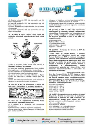  
	
  
	
  
	
  
a) Citosina representa 35% da quantidade total de
bases nitrogenadas.
b) Adenina representa 30% da quantidade total de
bases nitrogenadas.
c) Timina representa 35% da quantidade total de bases
nitrogenadas.
d) Guanina representa 30% da quantidade total de
bases nitrogenadas.
15. (PUCMG) A figura mostra cinco tipos de
moléculas de grande importância para uma célula
animal.
Analise o esquema, reflita sobre esse assunto e
assinale a afirmativa INCORRETA.
a) Uma das moléculas apresentadas pode fornecer
informações para a produção de outra representada.
b) Uma das moléculas representadas no desenho não é
normalmente encontrada no citoplasma celular.
c) Apenas duas das moléculas indicadas na figura
podem ser quebradas e fornecer energia para as
células.
d) Uma das moléculas representadas pode favorecer a
captação do carboidrato indicado no esquema.
16. (PUCSP) A tira de quadrinhos a seguir faz
referência à manipulação de genes em laboratório.
Se esse tipo de experimento realmente fosse
concretizado, poder-se-ia afirmar que:
a) o elefante e o vaga-lume são organismos
transgênicos.
b) apenas o vaga-lume é um organismo transgênico.
c) uma sequência de RNA do vagalume foi transferida
para células do elefante.
d) o gene do vaga-lume controlou a produção de RNA e
de proteína no interior das células do elefante.
e) uma sequência de DNA do elefante sofreu mutação
devido à introdução do gene do vaga-lume em células
daquele mamífero.
17. (CFTCE) O DNA e o RNA são biopolímeros
constituídos de unidades menores denominadas
nucleotídeos. Essas unidades são compostas de um
grupo fosfato, um açúcar e uma base nitrogenada.
Os açúcares presentes no DNA e no RNA são,
respectivamente:
a) glucose e ribose
b) desoxirribose e ribose
c) ribose e desoxirribose
d) desoxirribose e glucose
e) glicose e rafinose
18. (UNIRIO) Censores do Genoma / RNA de
Interferência (RNAi)
"Quase todas as células animais e vegetais
apresentam um mecanismo interno que utiliza
formas distintas do RNA, a molécula mensageira
genética, para naturalmente silenciar determinados
genes. Esse mecanismo se desenvolveu tanto para
proteger as células de genes hostis como para
regular a atividade de genes normais durante o
crescimento e desenvolvimento. Novos
medicamentos poderão ser desenvolvidos para
explorar o mecanismo do RNAi na prevenção e no
tratamento de doenças."
("Scientific American-Brasil", 2003).
Uma das formas distintas de RNA citada no texto,
que participa do silenciamento dos genes é um tipo
de RNA de filamento duplo, cujo emparelhamento
das bases obedece ao critério padrão (base púrica
base pirimídica). Neste tipo de molécula, a relação
entre suas bases nitrogenadas é:
a) (U + C) / (G + A) = 1
b) (U + A) / (C + G) = 1
c) (T + C) / (A + G) > 1
d) (T + C) / (A + G) = 1
e) (U + C) / (A + G) ≠ 1
19. (UNESP) Erros podem ocorrer, embora em baixa
frequência, durante os processos de replicação,
transcrição e tradução do DNA. Entretanto, as
consequências desses erros podem ser mais
graves, por serem herdáveis, quando ocorrem:
a) na transcrição, apenas.
b) na replicação, apenas.
c) na replicação e na transcrição, apenas.
d) na transcrição e na tradução, apenas.
e) em qualquer um dos três processos.
 