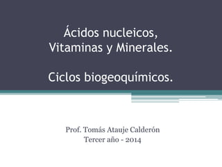 Ácidos nucleicos,
Vitaminas y Minerales.
Ciclos biogeoquímicos.
Prof. Tomás Atauje Calderón
Tercer año - 2014
 
